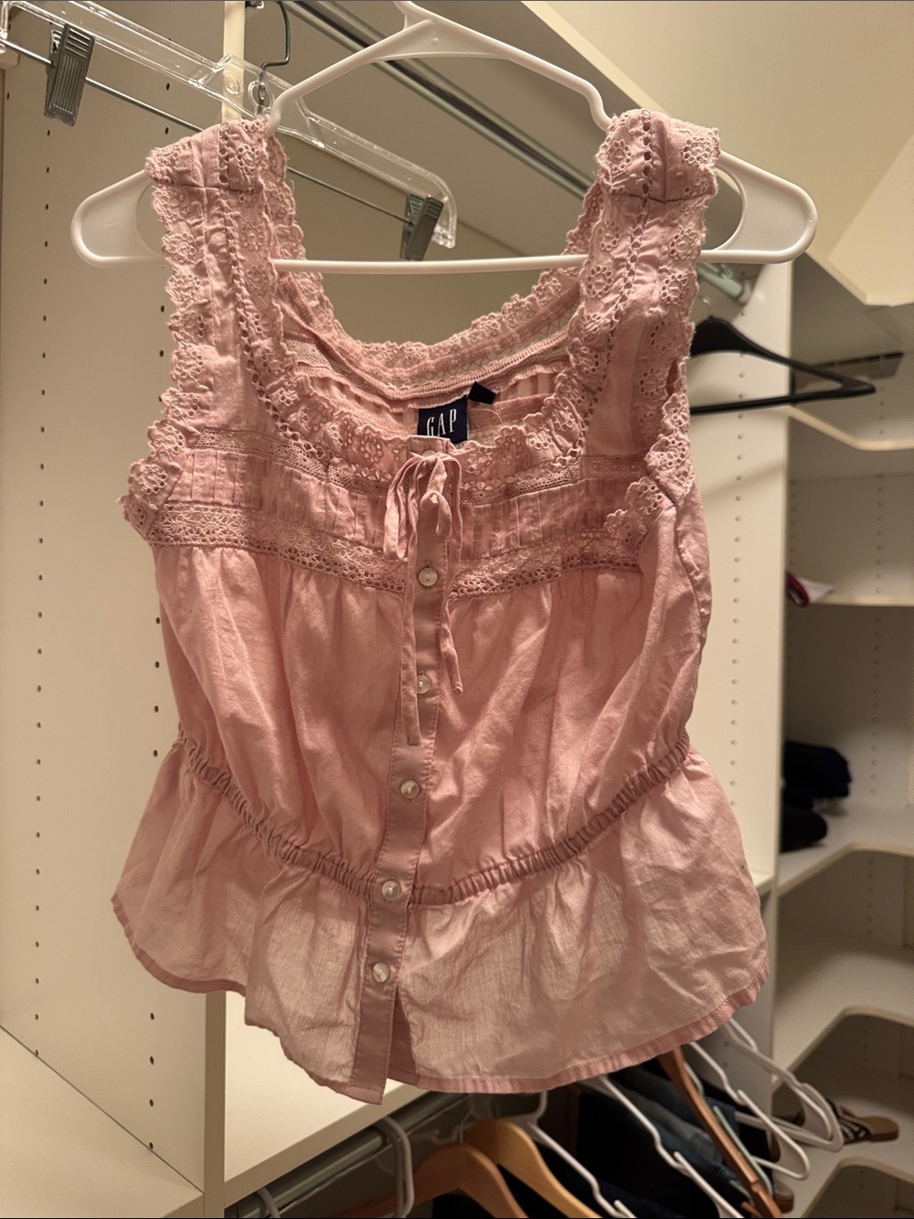 GAP Light Pink Lace-Trim Button-Front Peplum Camisole